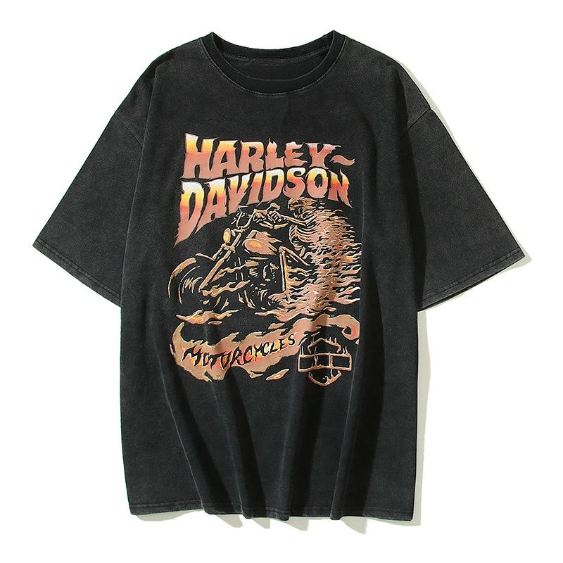 

American High Street Tide Brand Vintage Retro Old Washing Water Devil Chariot Loose Short Sleeve T-shirt
