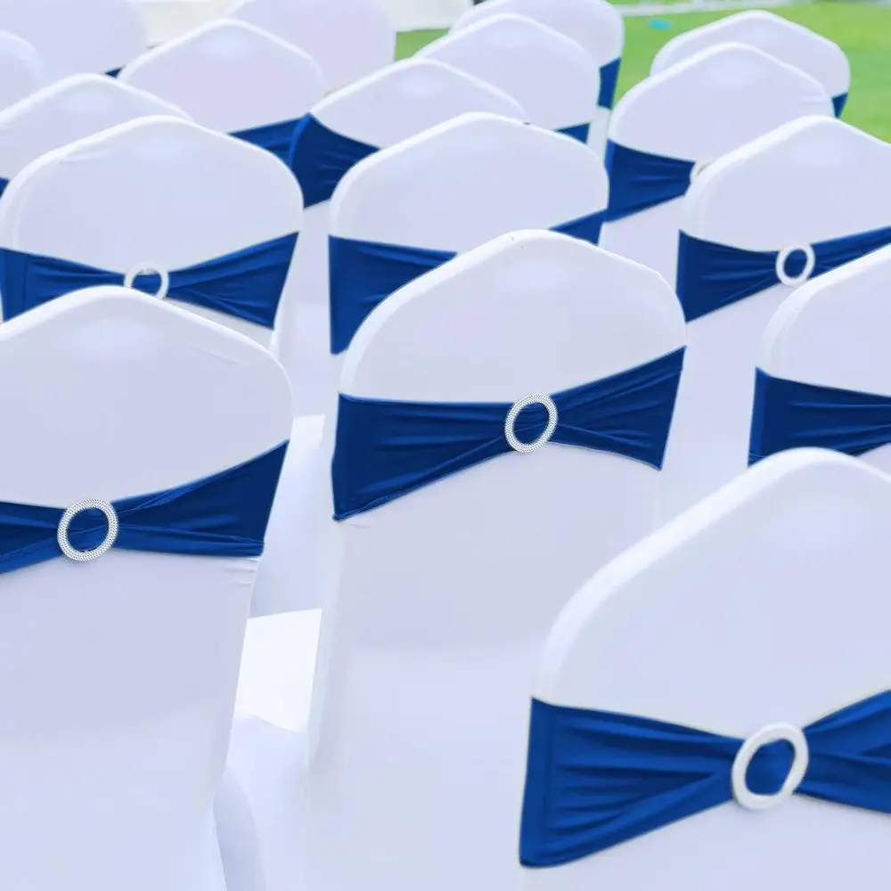Fajas para sillas de spandex de 150 piezas con deslizadores de hebilla para bodas y banquetes - Bandas decorativas elásticas azules
