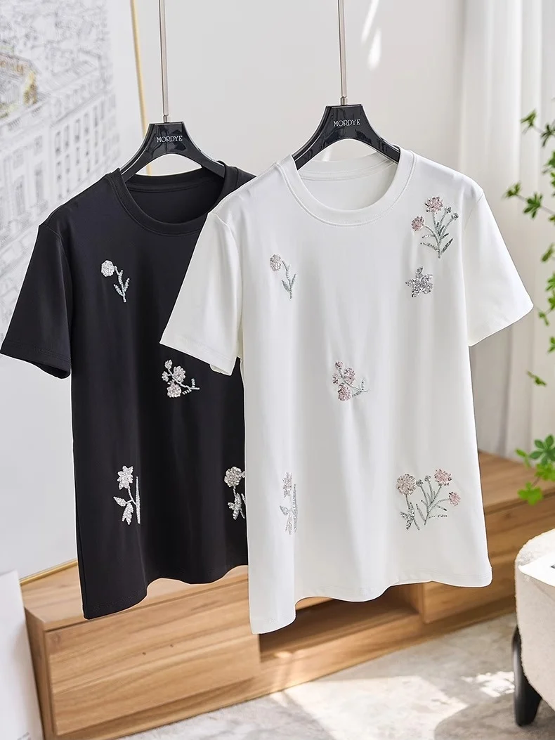 

Smooth Comfortable High Density Cotton Short Sleeve T-Shirt Women's Premium Embroidery Shiny Sequins round Neck Top
