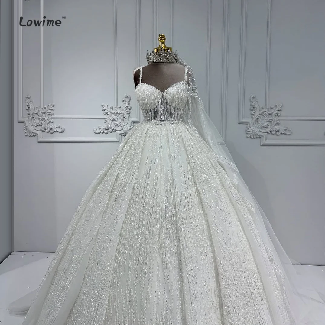2025 Classic Thin Strap Wedding Dress Pearl Sequin Wedding Bridal Dress Elegance White Tutu Ball Gown Custom Made