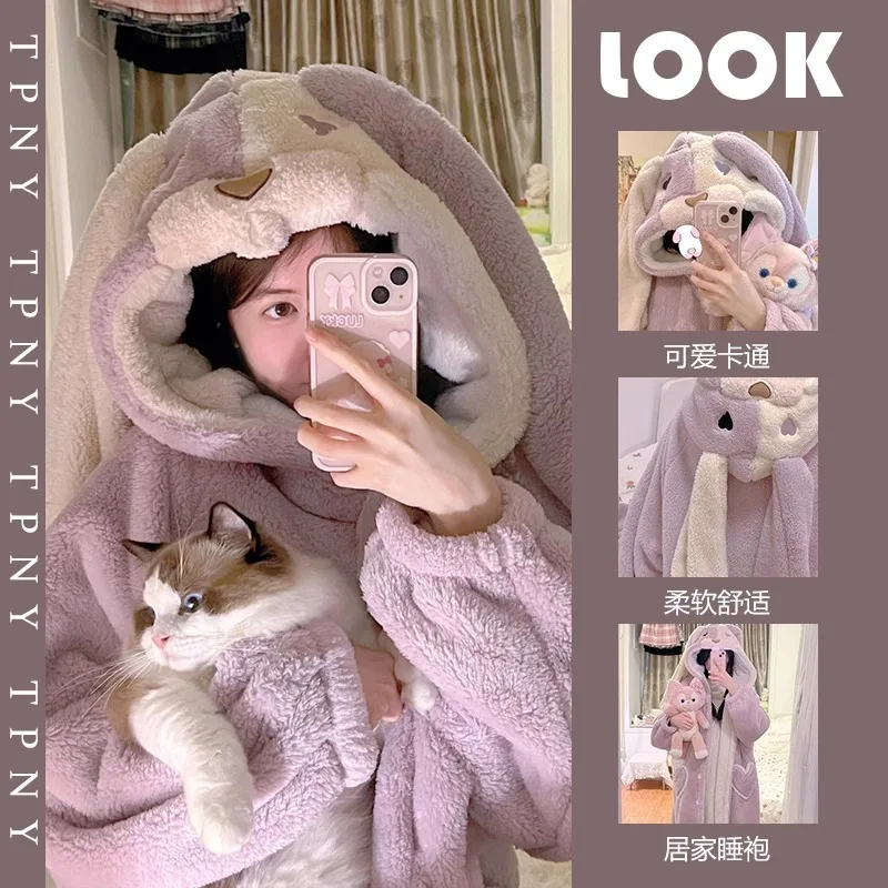 Hooded coral plush thickened plush pajamas for women, sweet and cute rabbit pajamas for home wear and pajamas for winter.