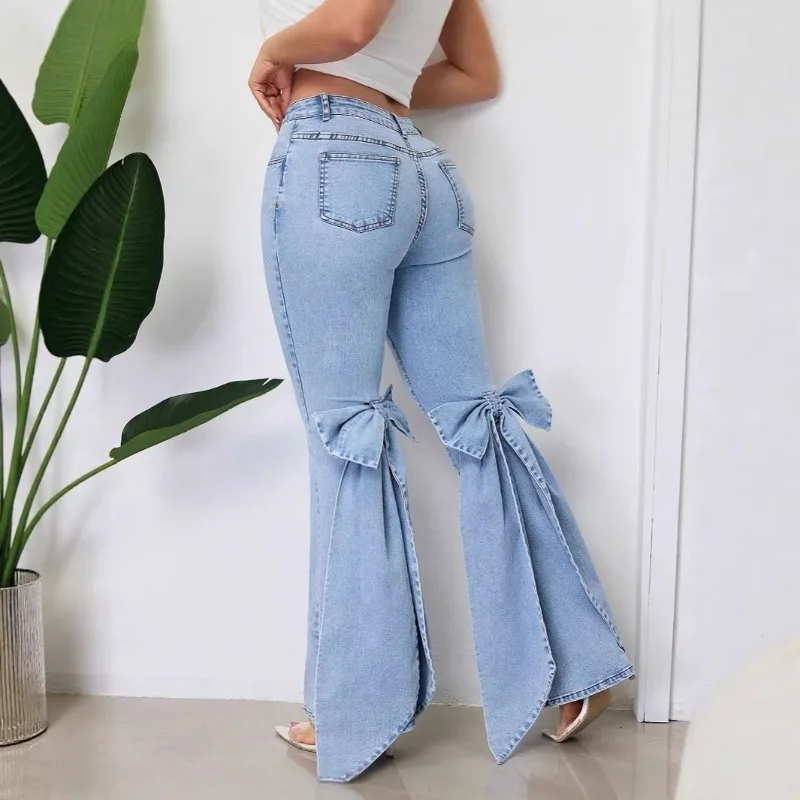 

European Women's Style Denim High-waisted Elasticated Bow Decoration Flared Jeans mom jeans women jeans