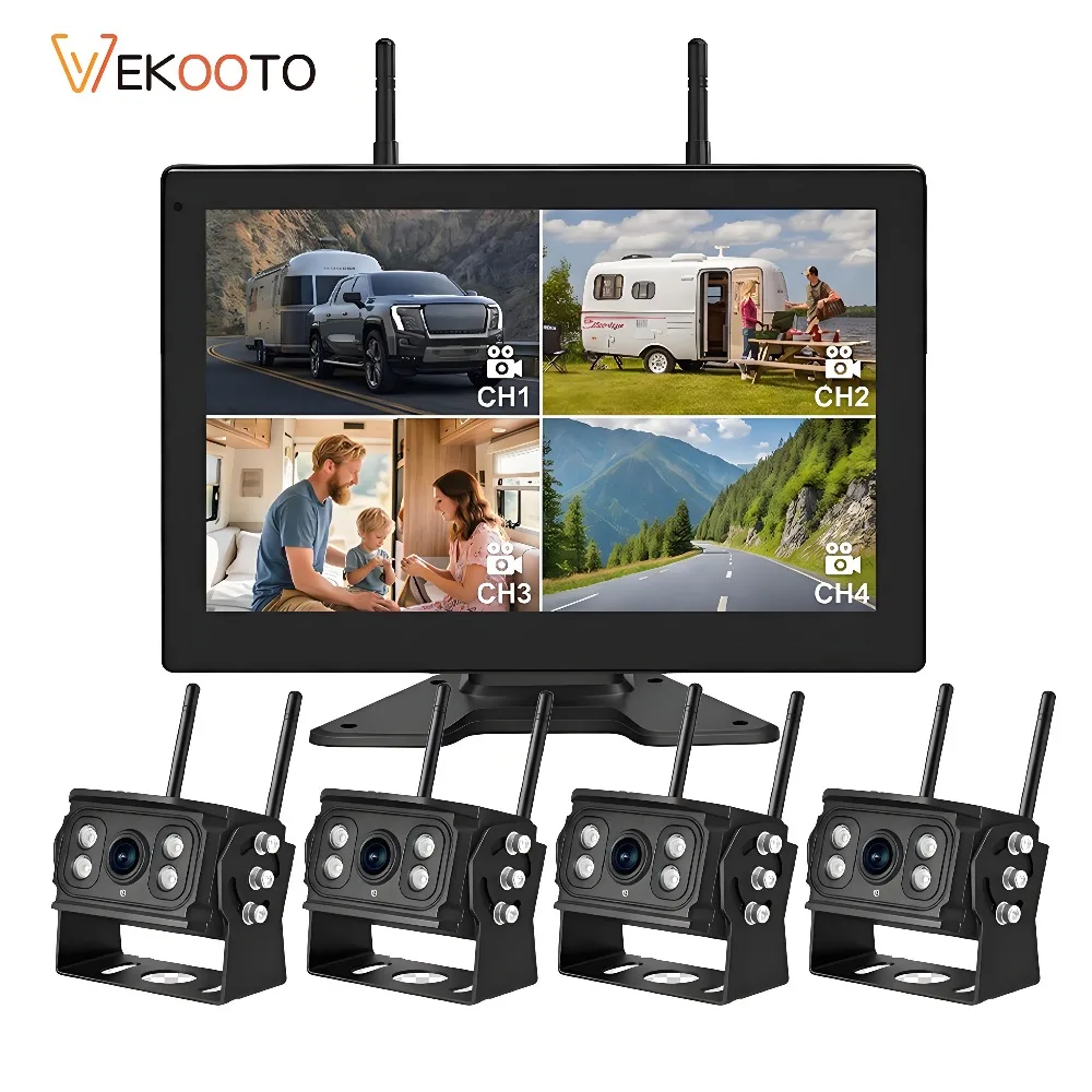 10 Inch AHD Digital Wireless Touch Screen Monitor, 4CH WiFi DVR Record IR Backup Camera Kit for Truck Trailer Bus RV SUV Parking
