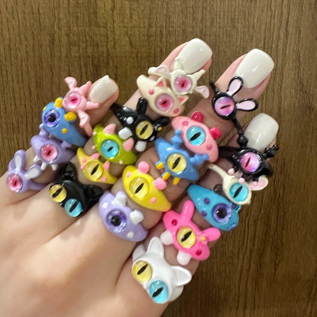 Wholesale 36pcs Box Packaging Colorful Cute Cartoon Monsters Child Rings Ins Sweet Funny Open Lovers Children Party Gift Jewelry