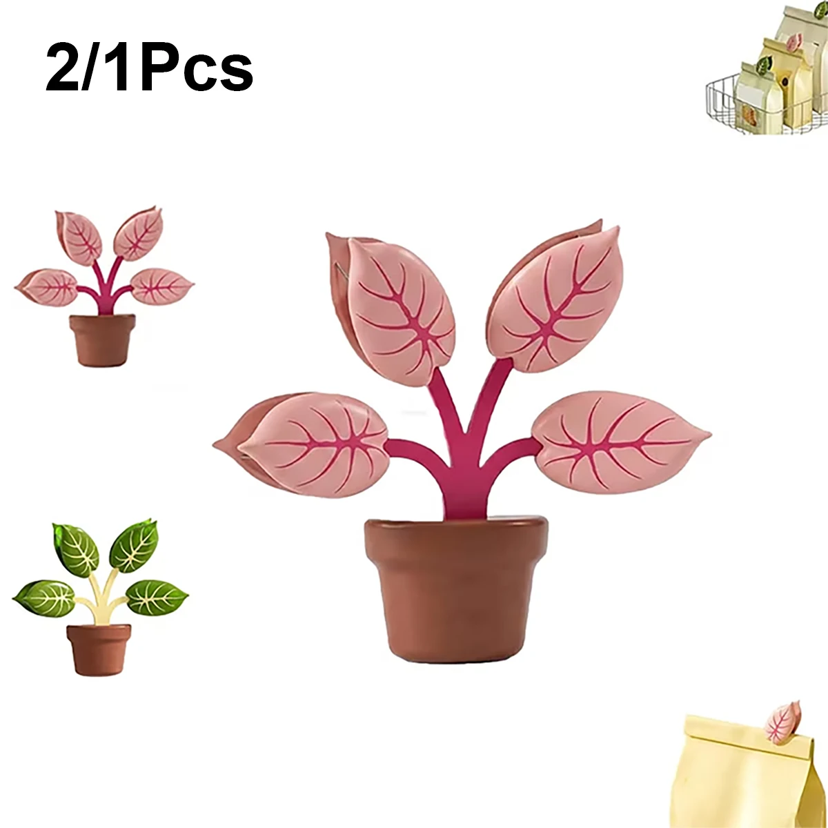 2Pcs/1Pc Potted Plant Magnets, Home Refrigerator Decorative Magnet Set, Multifunctional with 4 Bag Sealing Clips, Mini Potted Plant Packaging Clips, Realistic Design Magnets, Classroom Kitchen Storage Cabinet Refrigerator Decoration