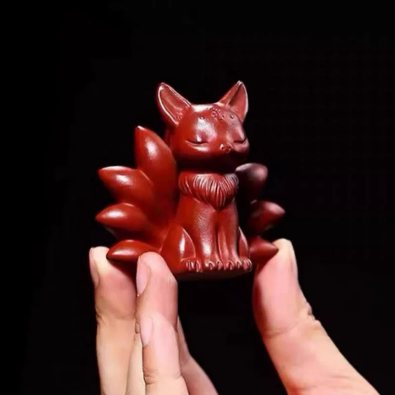 Vintage Yixing Zisha Clay Tea Pet - Handmade Carved Nine-Tailed Fox Statue, Exquisite Kung Fu Tea Table Accessory Craft