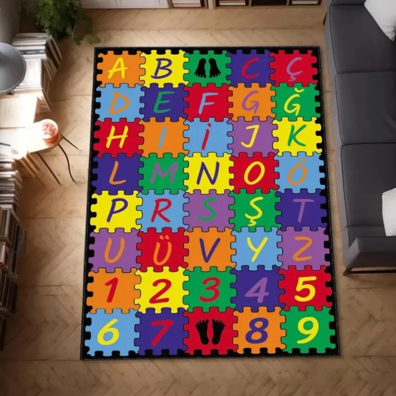 Colorful Alphabet Number Print Flannel Rug with Cartoon Educational Pattern for Living Room Bedroom Cute Home Floor Decoration