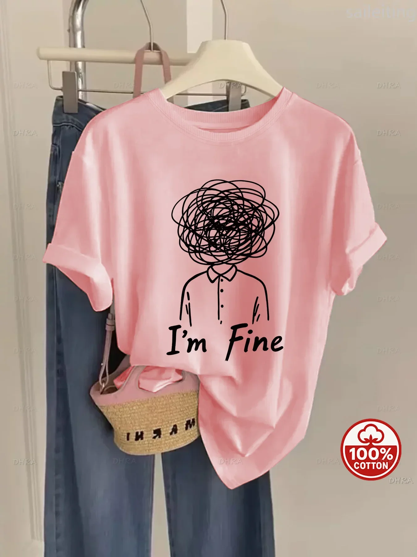 Funny Mental Mood T-Shirt Women Men I'm Fine Tangled Thoughts Line Art Graphic Short Sleeve Top
