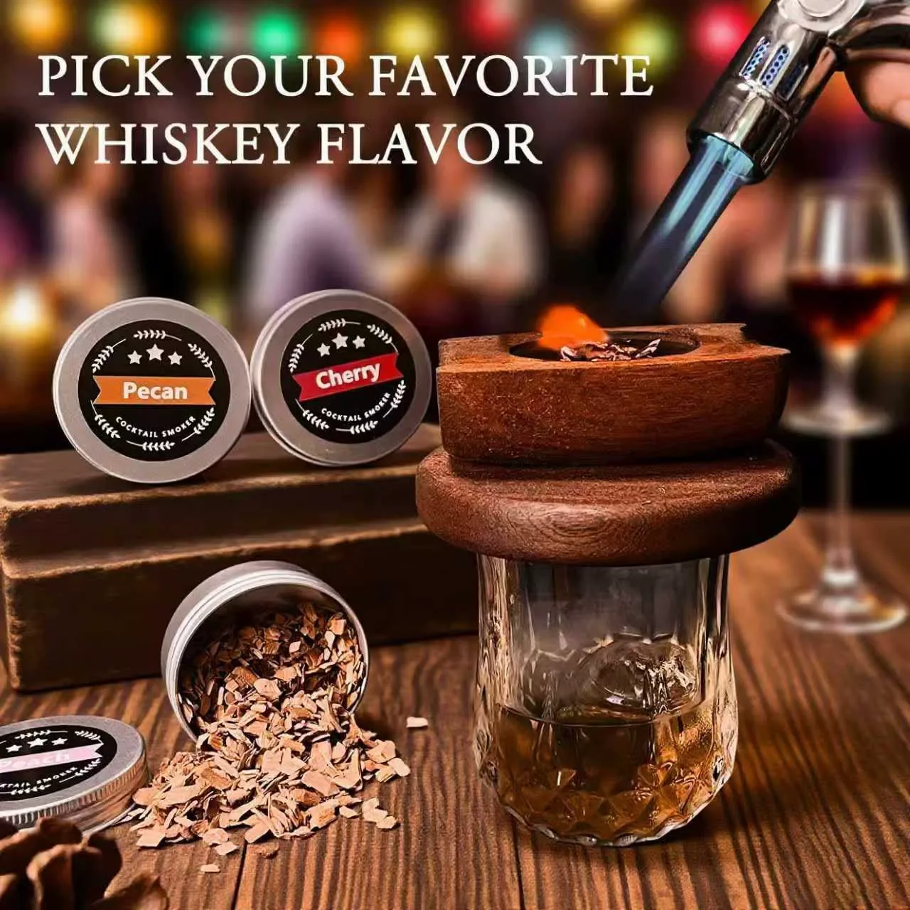 Cocktail Smoker Kit Barrel Wooden Smoke Hood With 6 Flavors Wood Chips Old Fashioned Bourbon Whiskey Bar Tools For Home Bar Use