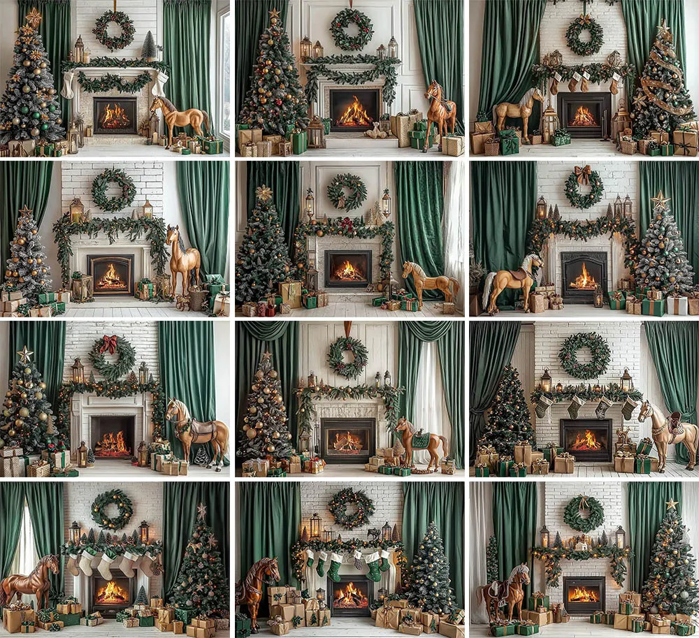 Mehofond Christmas Fireplace Green Curtain Photography Backdrop Kids Birthday Party Xmas Tree Wooden Horse Wall Decor Background