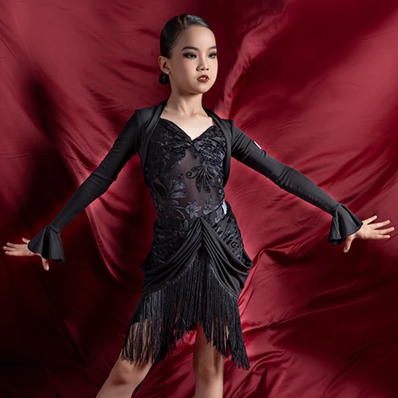 Kids Latin Dance Clothes Girls Black Tops Tassel Skirt Coat Practice Wear Cha Cha Rumba Performance Wear Fringe Dress DNV18849