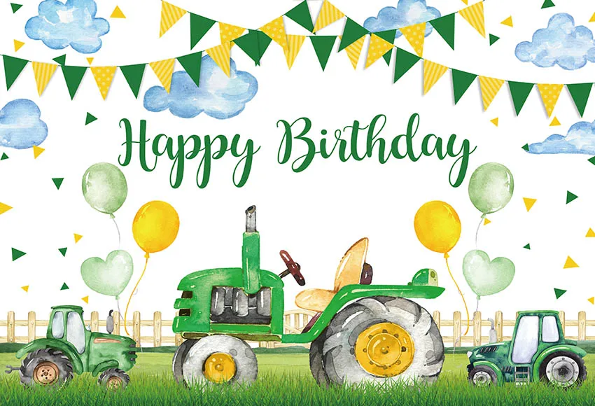 Mehofond Green Tractor Photography Backdrop Custom Boy Birthday Party Clouds Balloon Garssland Background Photo Studio Photozone