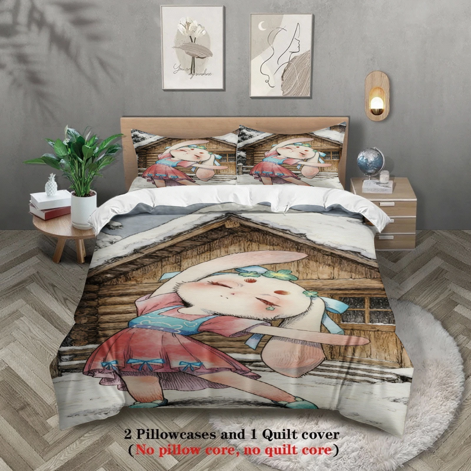 Softville Cozy Town 3PCS Bedding Sets Lop Rabbit Winter Wooden Cabin Pinted Duvet Cover No filling Cartoon Style Queen King Size
