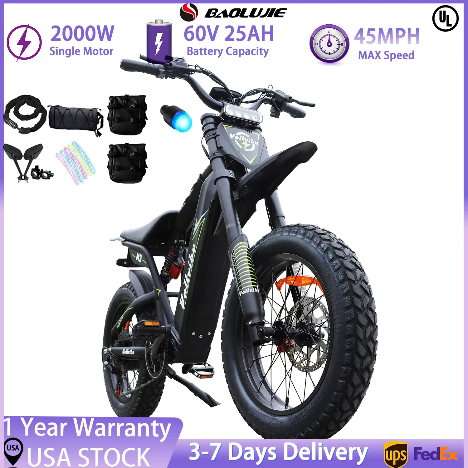 【1 anno di garanzia】 BAOLUJIE M2 2000W Moto E-Bike, bici elettrica per adulti, batteria 60V25AH, moto elettrica, velocità massima 45 MPH, UL2849
