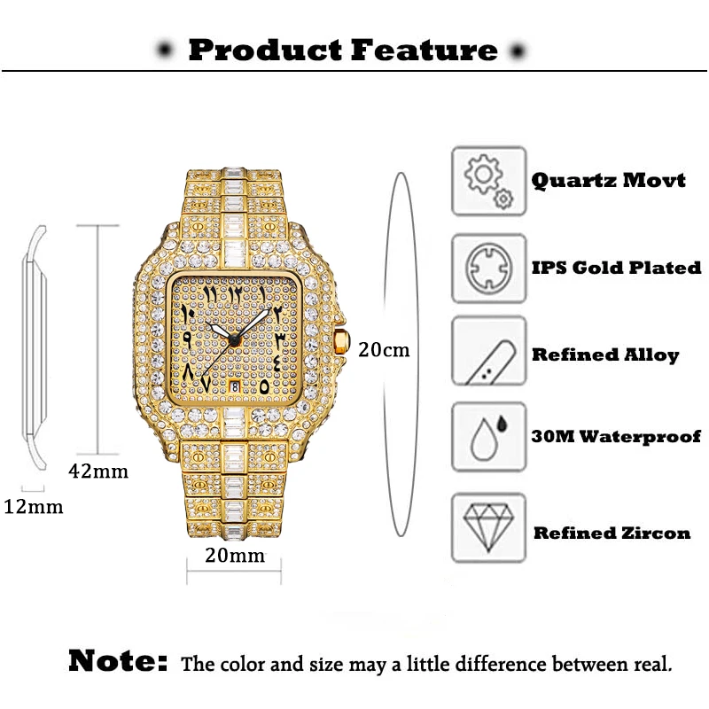 Missfox Squarz Men\'s Watch With Calendar Full Diamond Hip Hop Luxury Fashion Rectangular Zircon Bracelet Wristwatches For Male