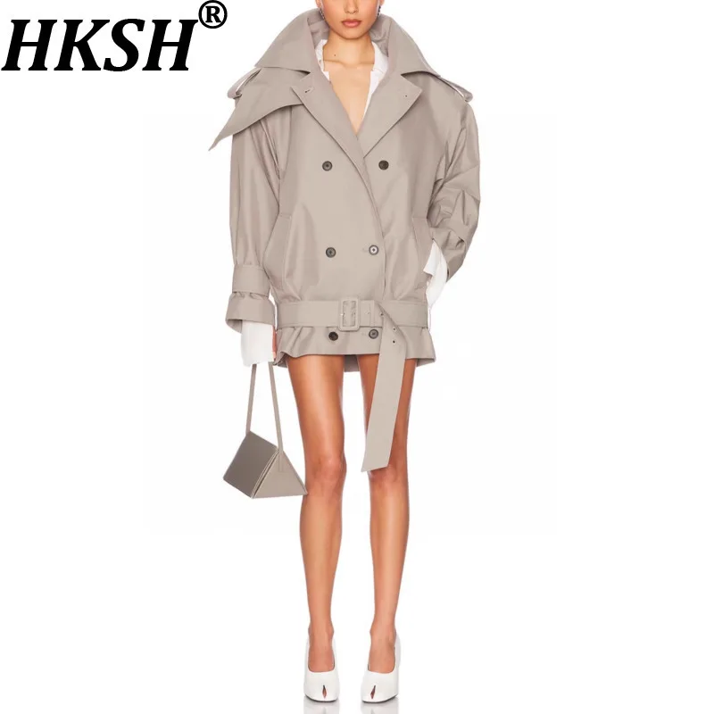 

HKSH весенне-осенний новый женский плащ, двубортный наплечник, карман с поясом, элегантная шикарная ветровка средней длины HK12957