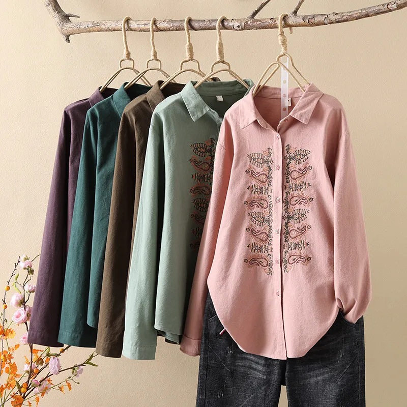 New Spring Cotton Embroidery Shirt Women Lapel Long Sleeve Literature Tops Girl Retro Ethnic Style Blouse 2024 Autumn T44139QC