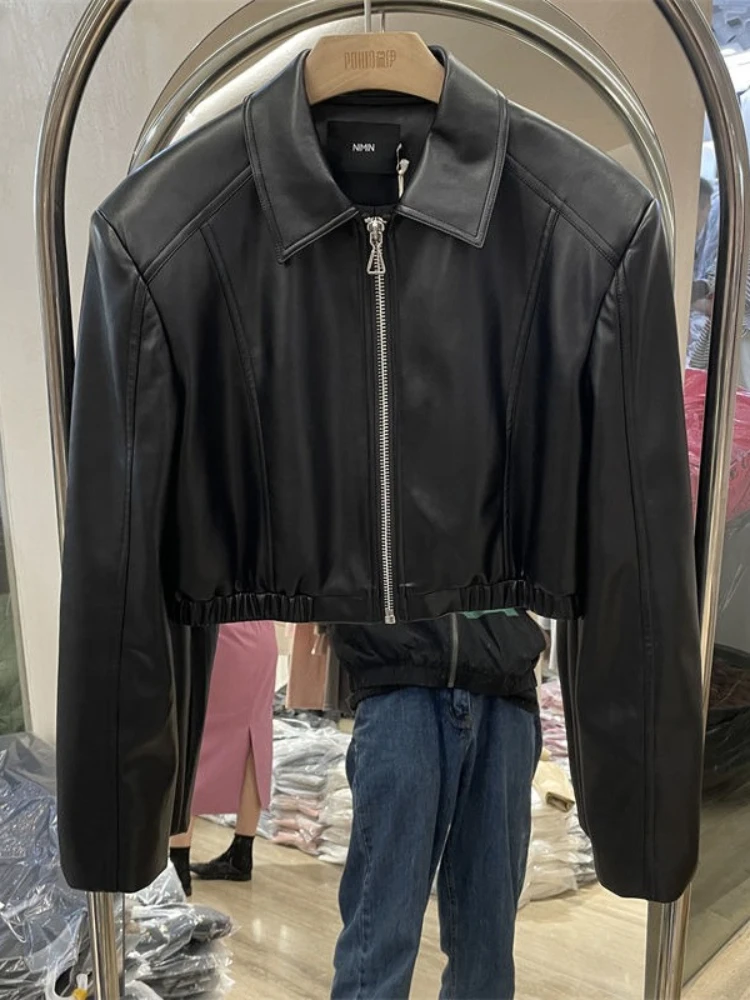 블랙 지퍼 크롭 가죽 재킷 여성 펑크 스타일 모토 바이커 가죽 재킷 여성 한국 패션 하이 스트리트 코트 2025 루즈핏