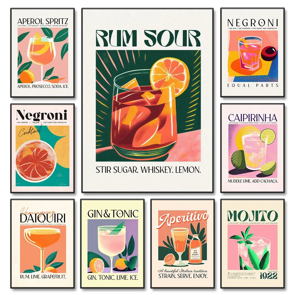 Frameless Canvas Painting 1pc Frameless Cartoon Cocktail Drinks Negroni Daiquiri Posters Retro Mojito Canvas Prints Wall Art Bar
