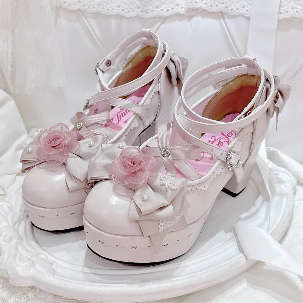 

Cute Lolita Mary Jane High Heels Kawaii Rose Bow Platform Pumps For Women Sweet Princess Block Heel Shoes