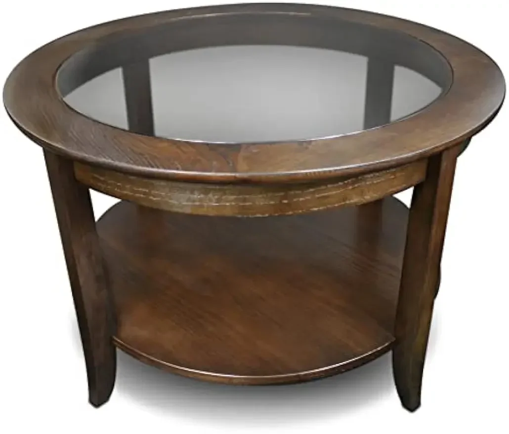 Round Glass Top Coffee Table with Shelf, Chocolate Oak, 30 inches