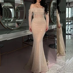 Champagne Chapel Train Evening Dress Long Sleeve Strapless Mermaid Special Occasion Fashion Custom Made Prom Gowns