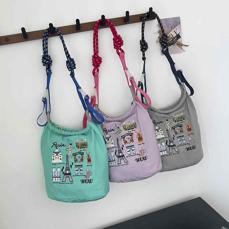 Summer New Paris Landmark Embroidered Bucket Bag Lightweight Nylon Women's Crossbody Bags Colorful Rope Strap Shoulder Tote Bags
