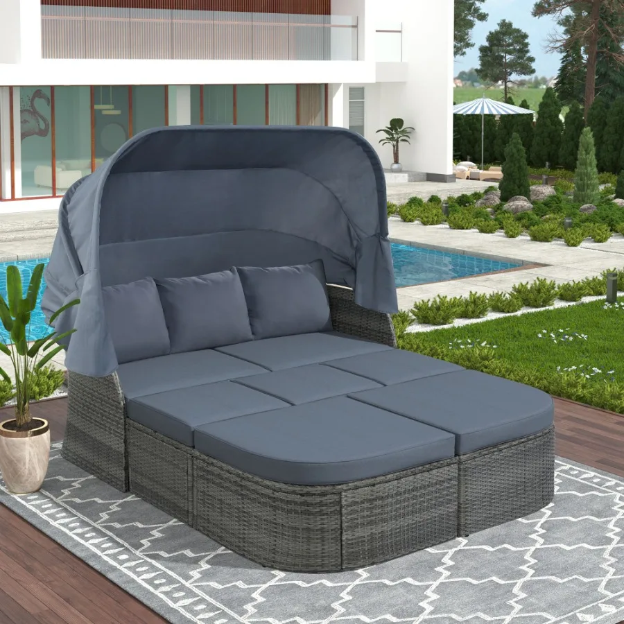 

U_STYLE Outdoor Patio Furniture Set Daybed Sunbed with Retractable Canopy Conversation Set Wicker Furniture As same as WY000281