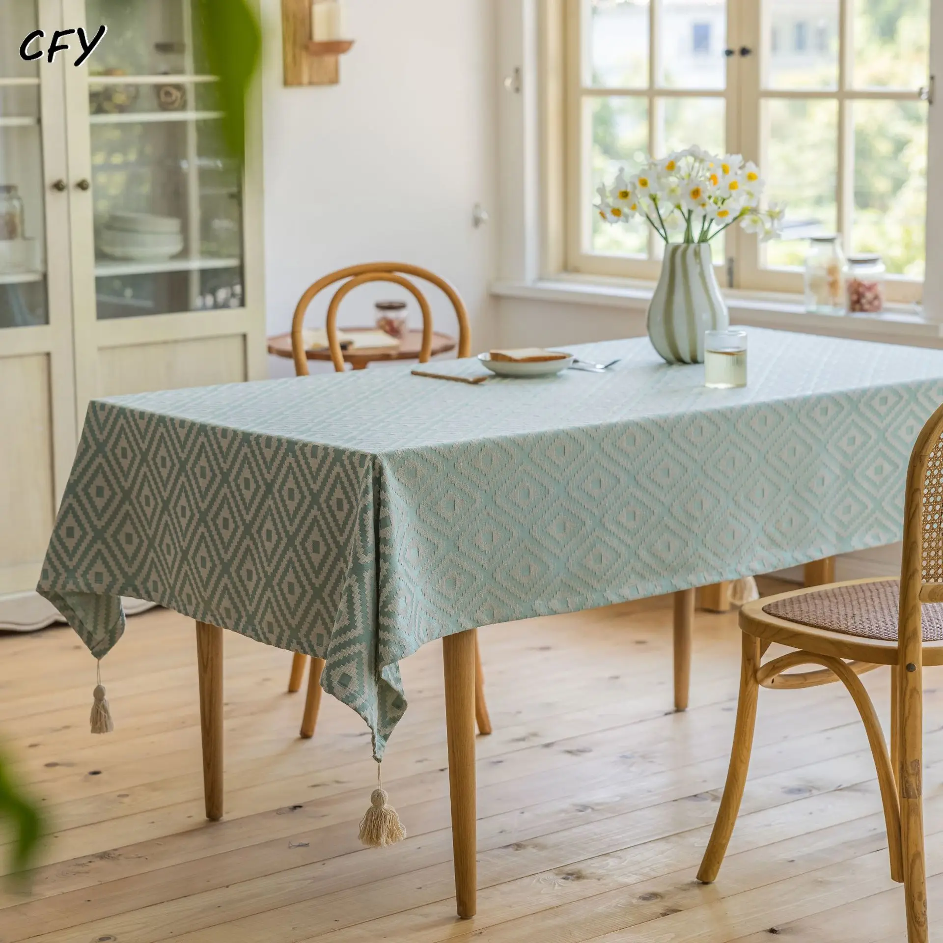 

Cotton Linen Jacquard Diamond with Green Tassels Rectangular Tablecloth Tea Table Pad Meal Cloth Photo Background Cloth