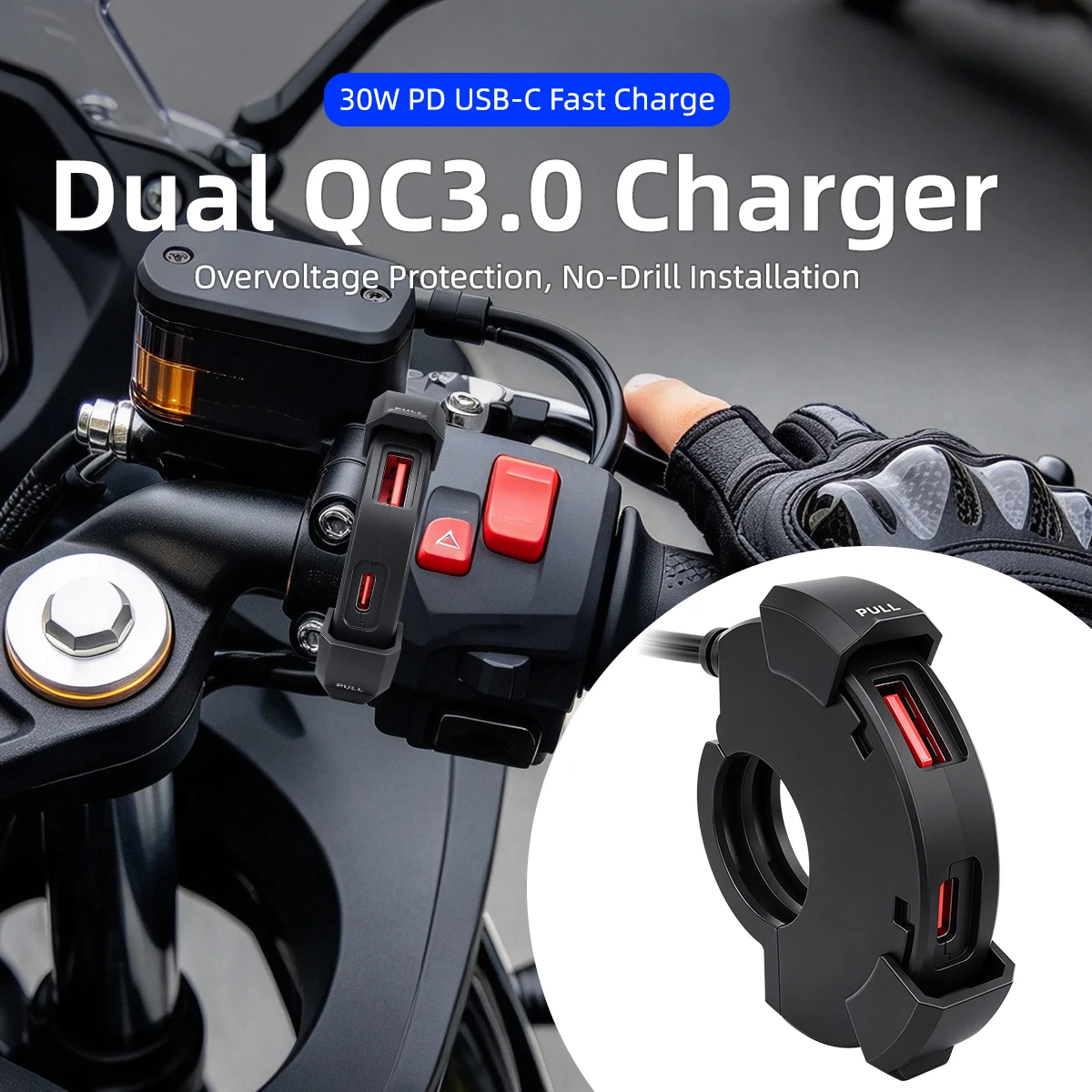 48W Motorcycle Phone Charger QC3.0 Dual USB Type-C Fast Charger Waterproof 12-24V Handlebar Mount Power Adapter for Moto