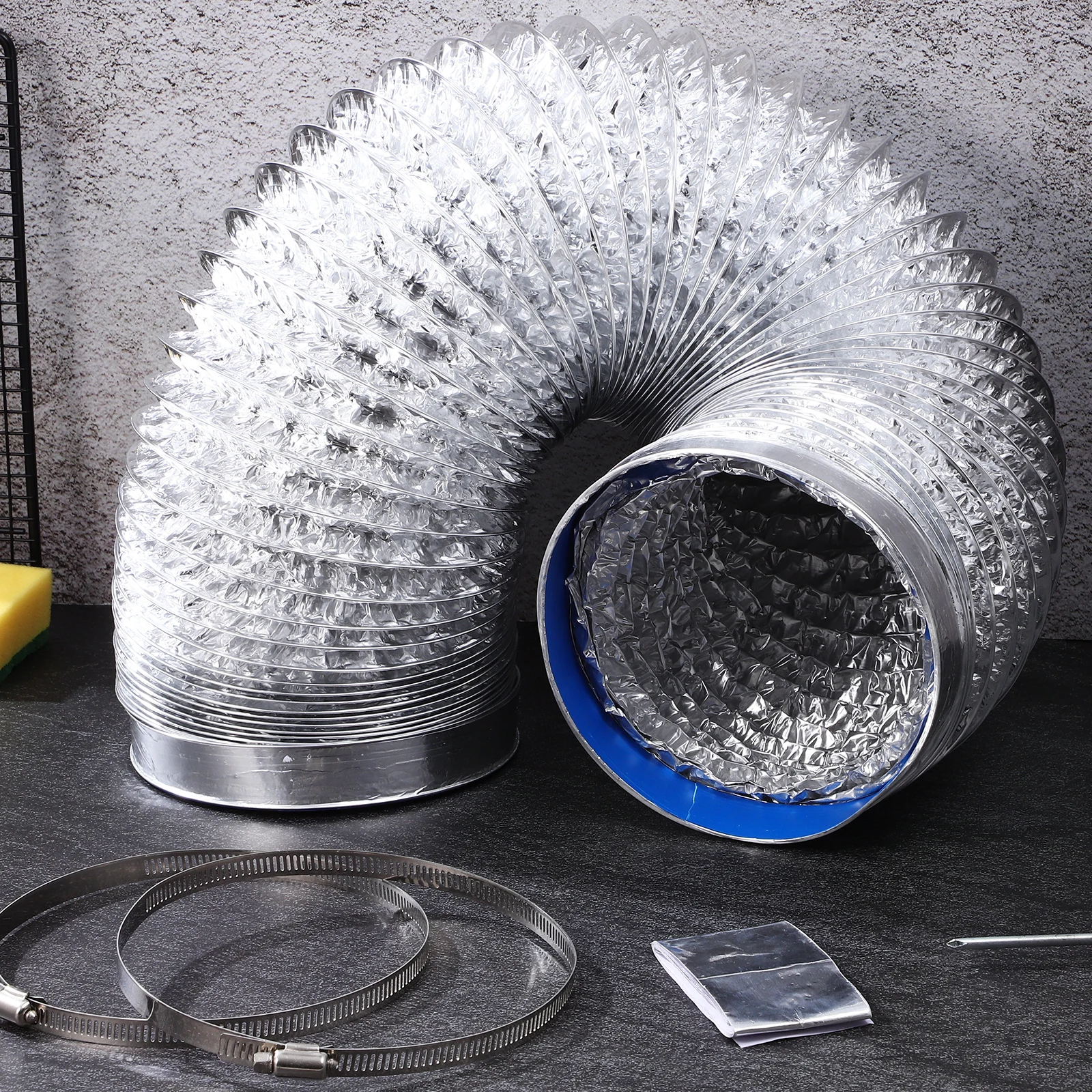 

Выхлопная труба из алюминиевой фольги 150 мм x 2 м, лента 5 см x 20 см, 2 зажима, вентиляционный шланг для сушилки, воздуховод, кухонный вытяжной канал, гибкая сушилка