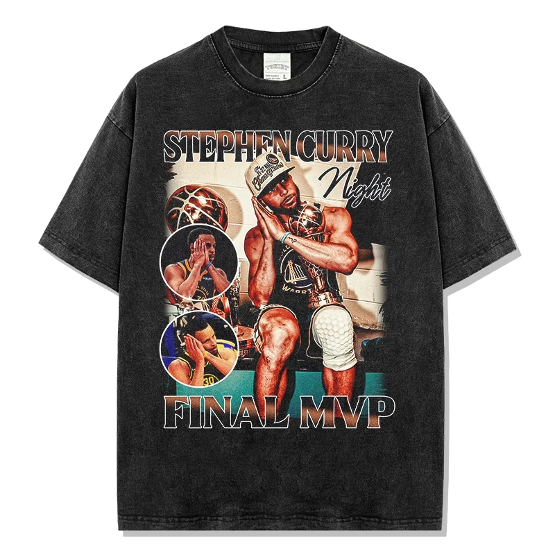 

Trendy Acid Washed Stephen Curry Final MVP T-Shirt Retro Basketball Player Graphic Tee Oversized Streetwear Men's Casual Top