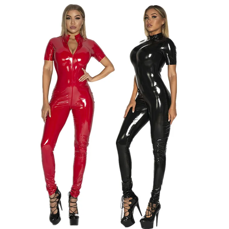 Wetlook-Mono de piel sintética de PVC para mujer, lencería Sexy de látex brillante con cremallera, manga corta, Catsuit, camisón