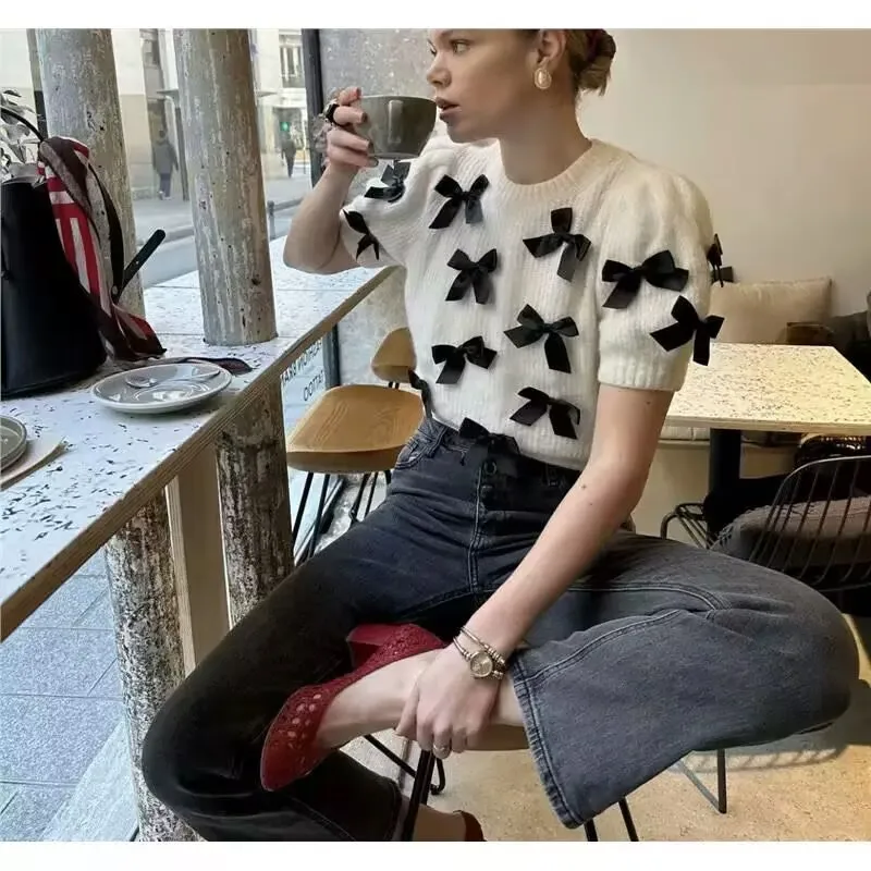 

YENKYE New Women Bow Puff Short Sleeve Crop Knit Sweater Round Neck Casual Autumn Pullover Tops Female Beige White Jumper