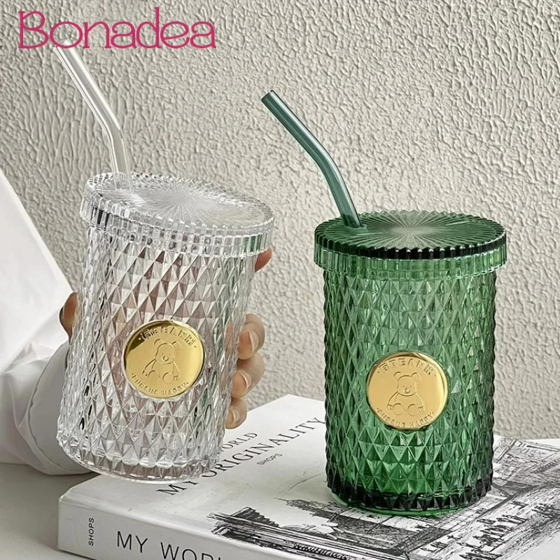 

Creative Bear Rhombus Glass Straw Cups Green Coffee Cup With Lid And Straw High-looking Milk Glasses Cup Kitchen Accessories