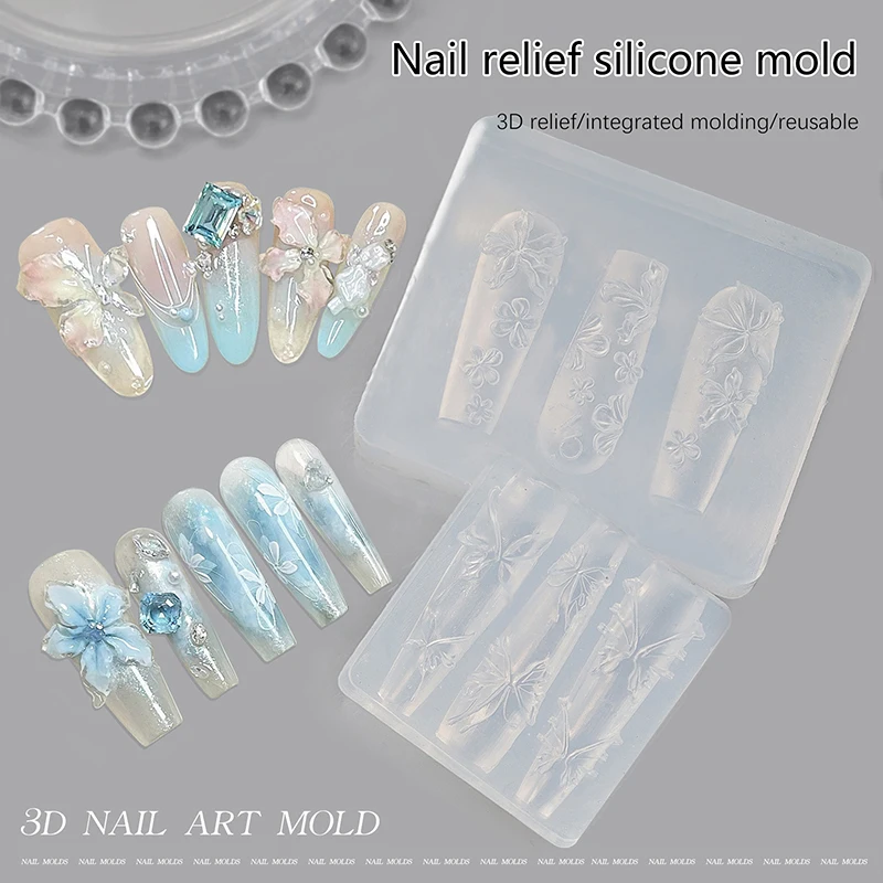 Siliconen Bloem Vlinder Nagel Carving Mold 3D Stempelen Plaat Nagels Stencils DIY UV Gel Manicure Gereedschap Nail Art Liefhebbers