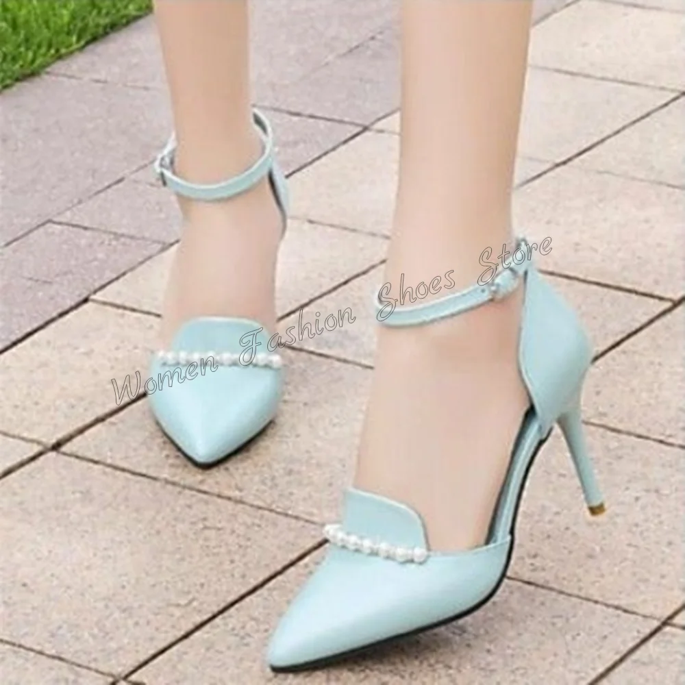 

Blue Pearl Decor Pointed Toe Pumps Stilettos High Heels Ankle Buckle High Heel Shoes for Women Heels 2024 New Zapatos Para Mujer