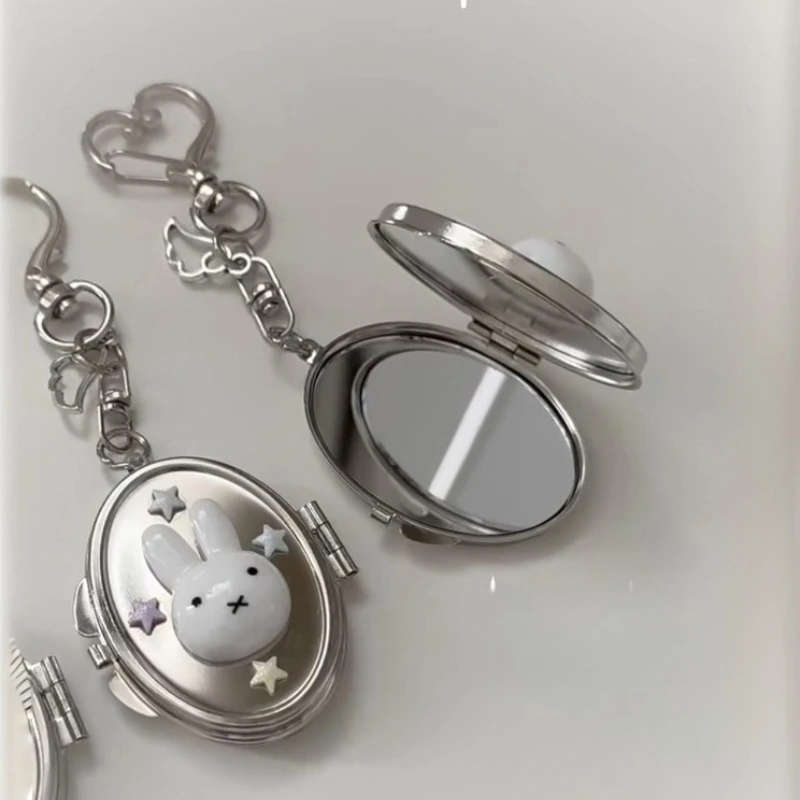 New Miffy Cute Creative Kawaii Metal Flip Small Mirror Keychain Cartoon Two-dimensional Anime Peripheral Backpack Pendant Gift - view 3