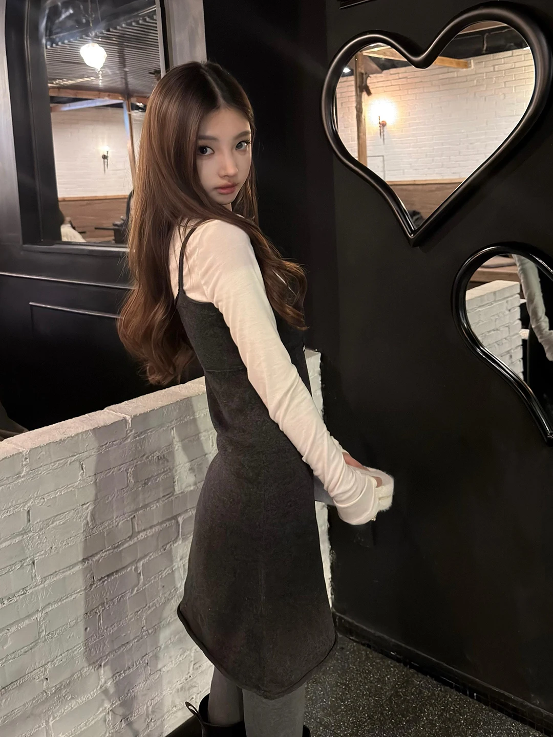 Retro Korean Sweet Girl Early Spring Layered V-neck Knitted Strap Dress Women's Waist-cinching Long Sleeve Grey Set