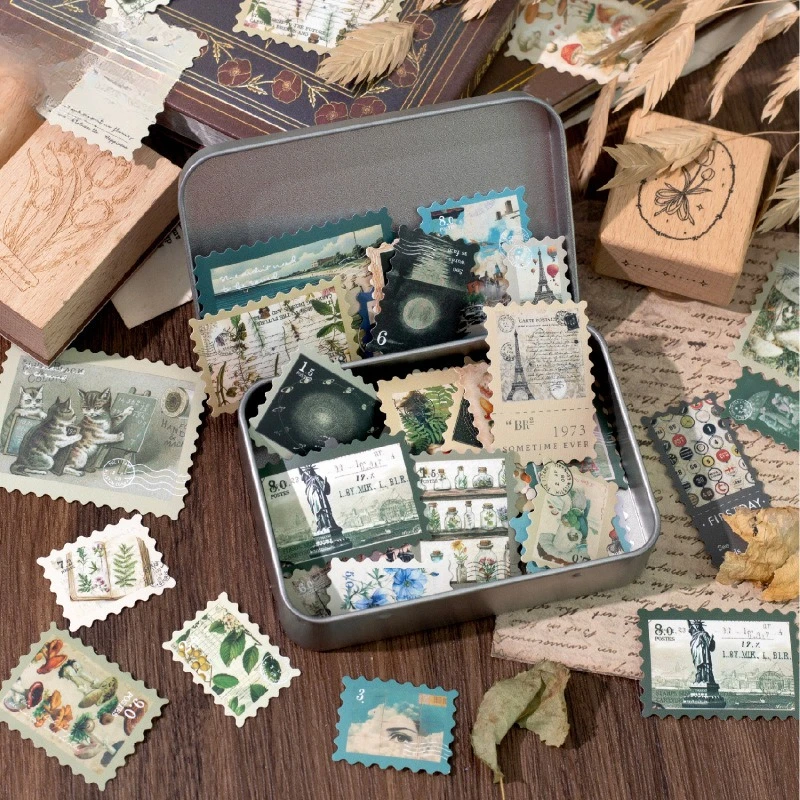 Vintage Plant Mushroom Cat Travel Stamp Landscape Sticker Creative DIY Journal Material Collage Scrapbooking Stationery