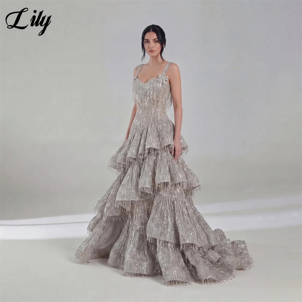 Lily Silver Gray Fringe Party Dress Tiered Ruffle Dreamy Evening Dress A Line Sweep Train فستان سهرة Bow Prom Gown Customized