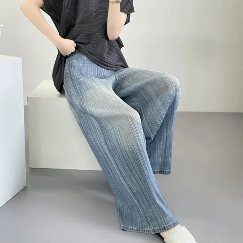 Miyake Pleated Faux Denim Print Straight Pants Autumn New Simple Casual Fashion Draped Elastic Women's Fold Wide-Leg Trousers