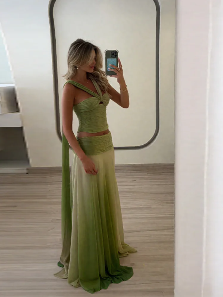 

Chic Sexy Party Skirts Women's Set Sleeveless Backless Lace Up Pleated Top A-line Gradient Long Skirt Sets Summer Chic Lady Suit