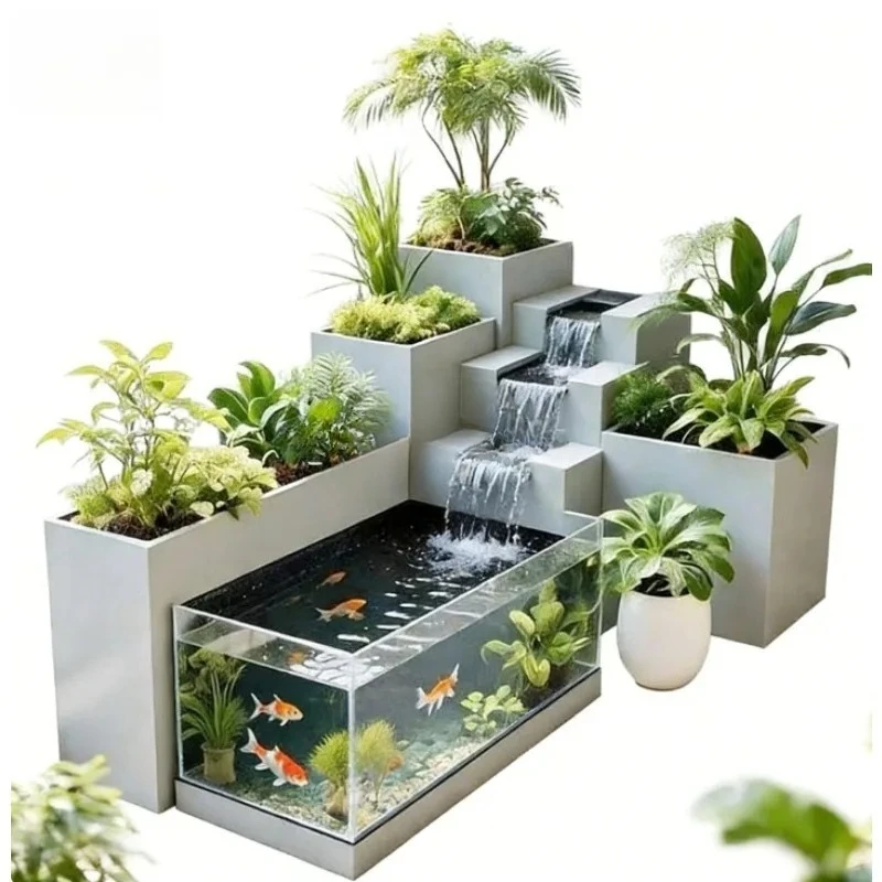 

Balcony Creative Flowing Water Fish Tank Flower Box Metal Acrylic Lucky Terrace Circulating Fish Pool Courtyard Combination
