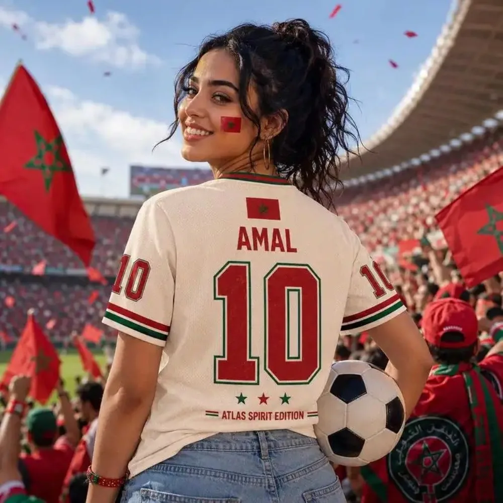 2026 New Women Morocco Flag Soccer Jersey Retro V Neck Short Sleeve Breathable Loose Fit Streetwear Casual Football Shirt Top