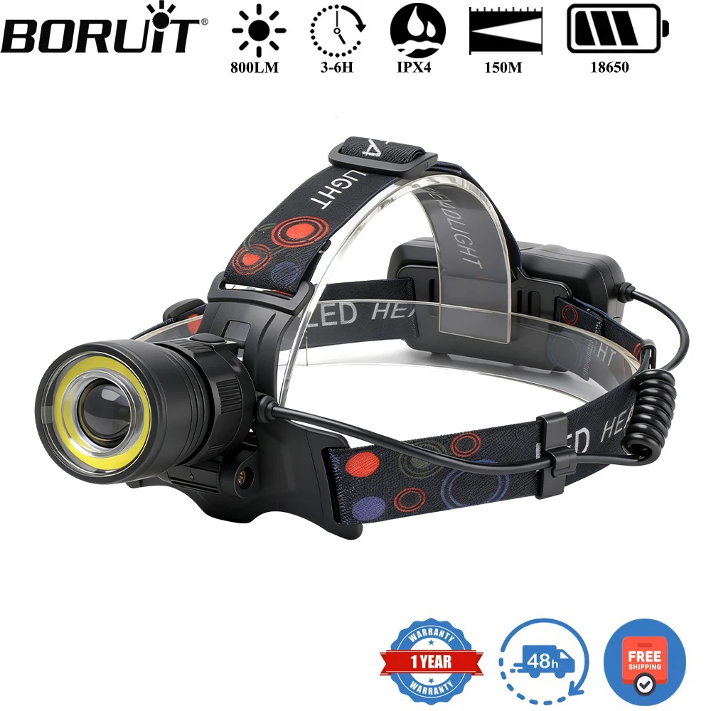 BORUiT V27 800LM linterna frontal LED con zoom Mirco USB recargable potente COB linterna frontal impermeable para Camping