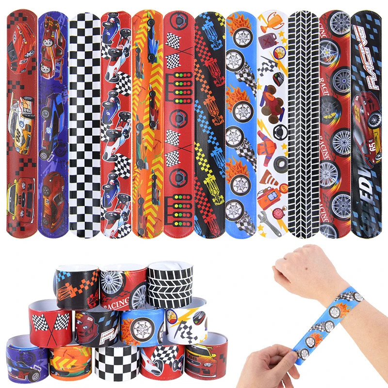 12Pcs Race Car Slap Bracelets Gift for Guest Happy Kids Boys Wheels Racing Car Theme Birthday Party Decoration Checkered