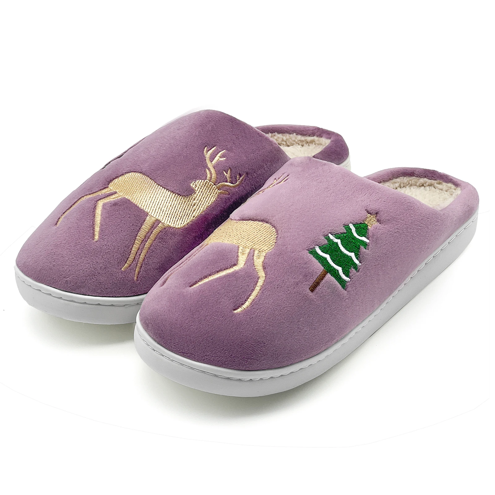 Kids Winter Christmas House Slippers, Reindeer & Tree Embroidery, Warm Plush Slip-on Non-slip Indoor Shoes for Boys & Girls