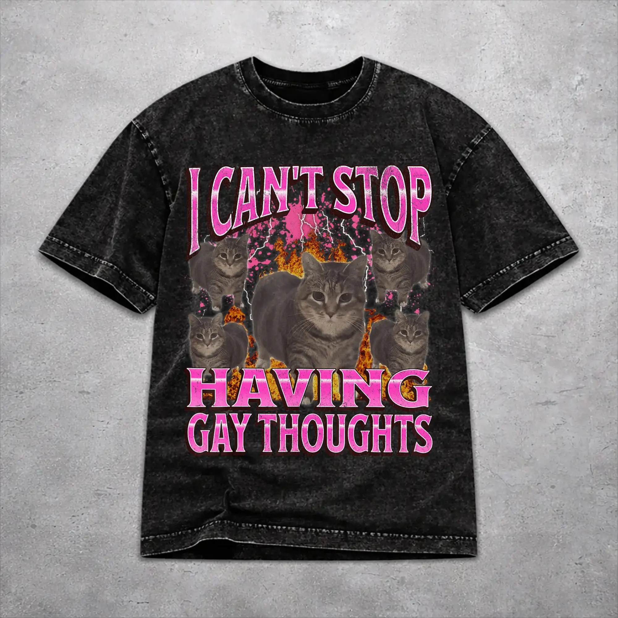 Can't Stop Having Gay Thoughts Funny Cat Meme Bootleg  Washed T Shirts Streetwear Hip Hop Vintage T-Shirts  Tee Shirt Men Women