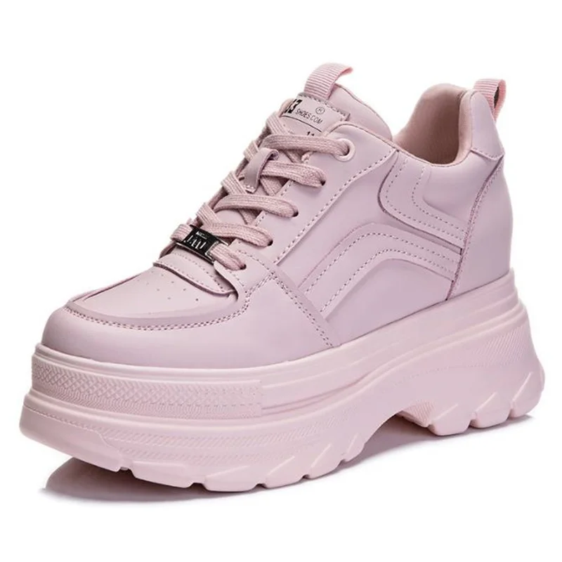 

8cm Genuine Leather Women Casual Shoes Chunky Sneakers Platform Wedge Hidden Heel Women Autumn Summer Sneaker 34-39